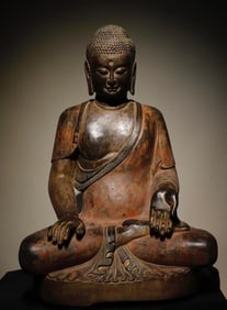 A Rare Limestone Painted Color Statue of Sakyamuni