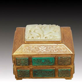 A Rare Gilt Bronze Inlaid White Jade Lotus Pattern Cover Box