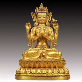 A Solemn Gilt Bronze Four-arms Statue of Avalokitesvara