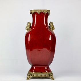 An Exquisite Ji Red Glazed Inlaid Bronze Figure Double-Ears Vase