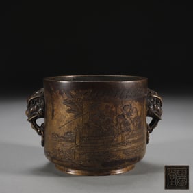An Exquisite Bronze Character and Story Pattern Elephant-Ears Censer,With Poem