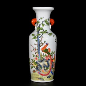 A Huge Enamel Painted Gold Flower and Bird Pattern Elephant-Ears Vase,With Poem