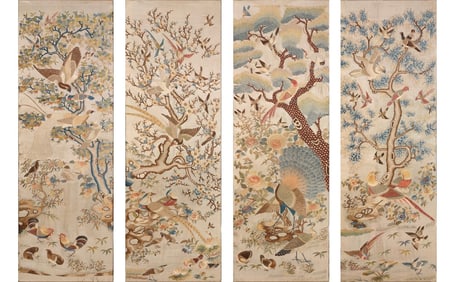 Embroidered flower and bird picture four screens