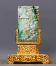 An Exquisite Gilt Bronze Inlaid Jadeite Figure Pattern Ornament