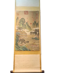 A Chinese Vertical Scroll Ink Painting of Landscape on Silk,Tang Yin