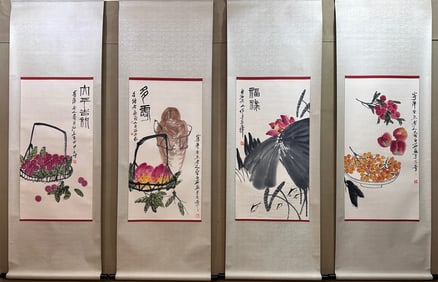 A Chinese Vertical Scroll Ink Painting of Flower and Fruit on Paper,Fu Baoshi