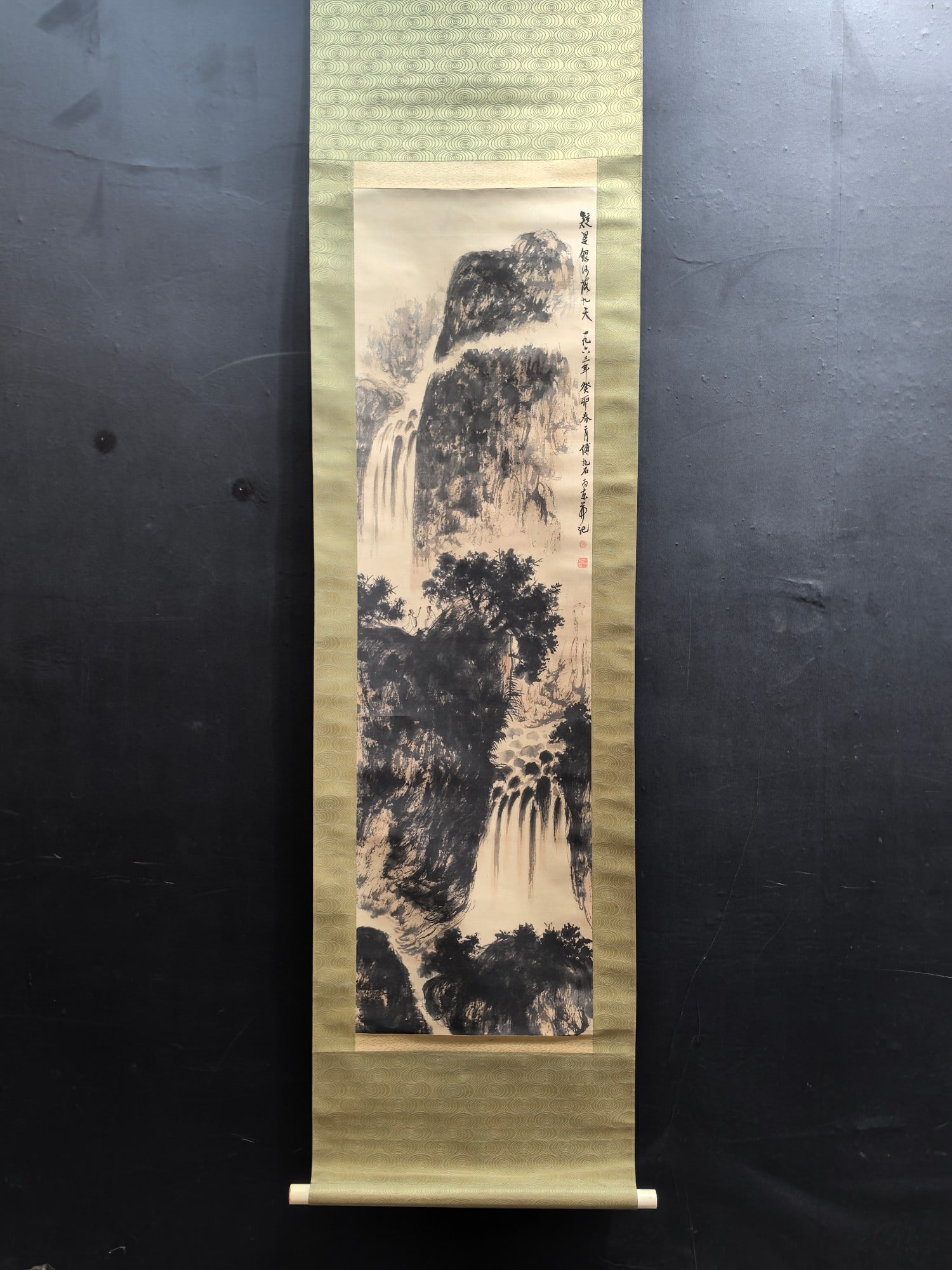 A Chinese Vertical Scroll Ink Painting of Landscape and Figure on Paper,Fu Baoshi: A Chinese Vertical Scroll Ink Painting of Landscape and Figure on Paper,Fu Baoshi,Size:14.1inx49.7in 一幅中国水墨山水人物画立