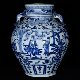A Rare Blue and White Character and Story Pattern Double-Ears Jar