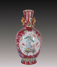 A Huge Famille-Rose Flower and Bird Pattern Double-Ears Vase