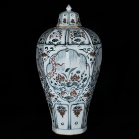 A Huge Blue and White Underglaze-Red Lotus and Mandarin Duck Pattern Bottle