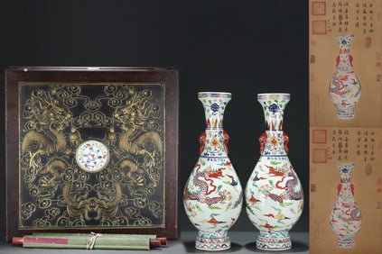 A Pair of Huge Wucai Lotus,Auspicious Cloud and Dragon Pattern Beast-Ears Vases,With Vertical Scroll