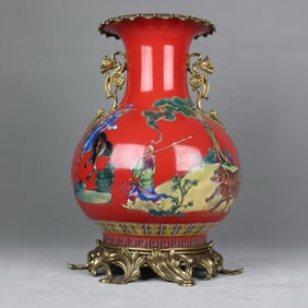 An Exquisite Famille-Rose Character and Story Pattern Inlaid Bronze Flower Double-Ears Vase