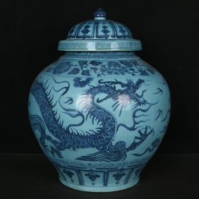 A Rare Blue and White Green Ground Auspicious Cloud and Dragon Pattern Cover Jar