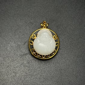 An Exquisite White Jade Maitreya Buddha Pendant,Inlaid Gold