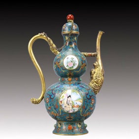 An Exquisite Cloisonne Inlaid Painted Enamel Figure Pattern Gourd-Shaped Ewer