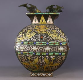 A Rare Bronze Inlaid Gold and Silver Auspicious Beast Pattern Double-Ears Jar,Inlaid Gems