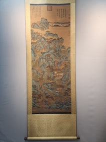 A Chinese Vertical Scroll Ink Painting of Landscape on Silk,Zhang Zeduan
