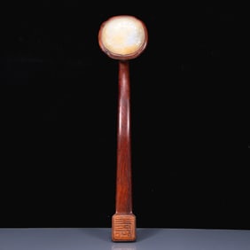 An Exquisite Huanghuali Wood Inlaid White Jade Flower Pattern Ruyi