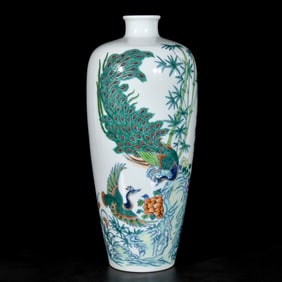 A Rare Doucai Flower and Bird Pattern Vase,With Poem