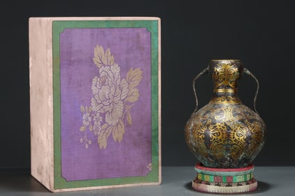 An Exquisite Bronze Inlaid Gold Dragon Pattern Double-Ears Vase,With Inscription