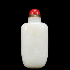An Exquisite White Jade Flower and Bird and Figure Pattern Snuff Bottle, Inlaid Gems, with poem