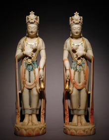A Pair of Rare Marble Painted Color Statue of Bodhisattva