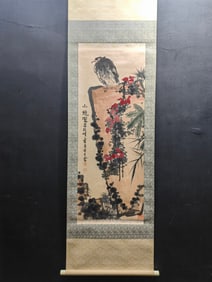 A Chinese Vertical Scroll Ink Painting of Flower and Bird on Paper,Pan Tianshou