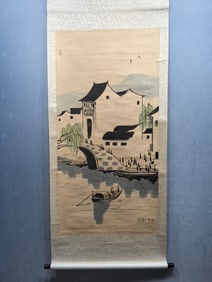 A Chinese Vertical Scroll Ink Painting of Landscape and Figure on Paper,Wu Guanzhong