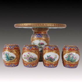 A Set of Fine Enamel Painted Gold Flower and Bird Pattern Ornaments
