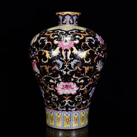 A Rare Black Glazed Famille-Rose Painted Gold Lotus Pattern Vase