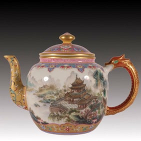 An Exquisite Enamel Gold Ground Landscape Pattern Teapot