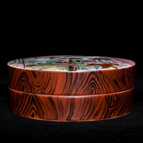 An Exquisite Imitation Wood Grain Glazed Famille-Rose Character and Story Pattern Cover Box