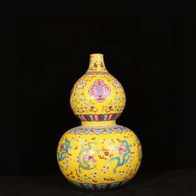 A Rare Enamel Painted Gold Lotus,Auspicious Cloud and Dragon Pattern Gourd-Shaped Vase