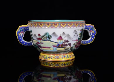 An Exquisite Famille-Rose Landscape and Figure Pattern Double-Ears Bowl