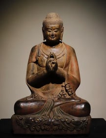 A Rare Limestone Painted Color Statue of Sakyamuni