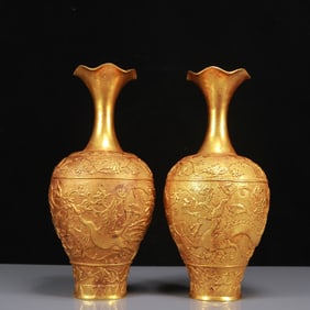 A Pair of Rare Gilt Bronze Dragon and Phoenix Pattern Vases