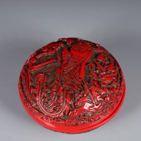 An Exquisite Carved Red Lacquer Crane Pattern Box with Cover
