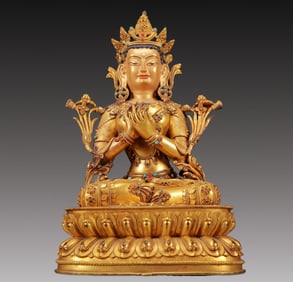 A Solemn Gilt Bronze Inlaid Turquoise Statue of Avalokitesvara