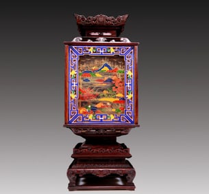 An Elaborate Zitanwood Gilded Polychrome 'Figure& Landscape' Lantern