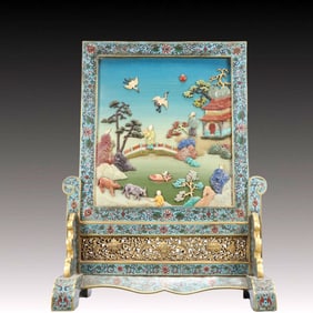 A Rare Cloisonne Inlaid Gems Figure Pattern Table Screen