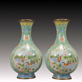A Pair of Exquisite Painted Enamel Lotus and Mandarin Duck Pattern Vases