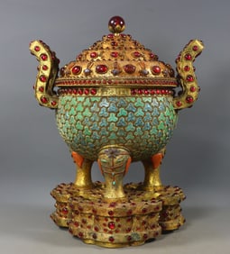 A Rare Gilt Bronze Double-Ears and Tripod Censer,Inlaid Gems