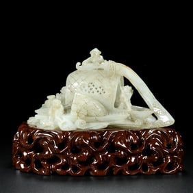A Rare White Jade Fishing boat Ornament,with Base