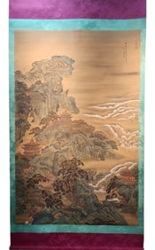 A Chinese Vertical Scroll Ink Painting of Landscape on Silk,Yuan Yao