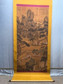 A Chinese Vertical Scroll Ink Painting of Landscape and Figure on Silk,Song Huizong