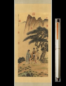 A Chinese Vertical Scroll Ink Painting of Landscape and Figure on Paper,Lan Ying