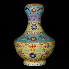 A Rare Yellow Ground Enamel Painted Gold Lotus Pattern Vase