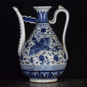 A Rare Blue and White Lotus and Phoenix Pattern Ewer