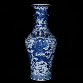 A Huge Blue and White Seawater,Auspicious Cloud and Dragon Pattern Chi-Dragon-Ears Vase