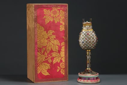 A Rare Bronze Inlaid Gold and Silver Dragon Pattern Stem Cover Jar,Inlaid Gems,With Inscription